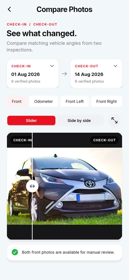 The app comparing a check-in photo with a check-out photo of the same car